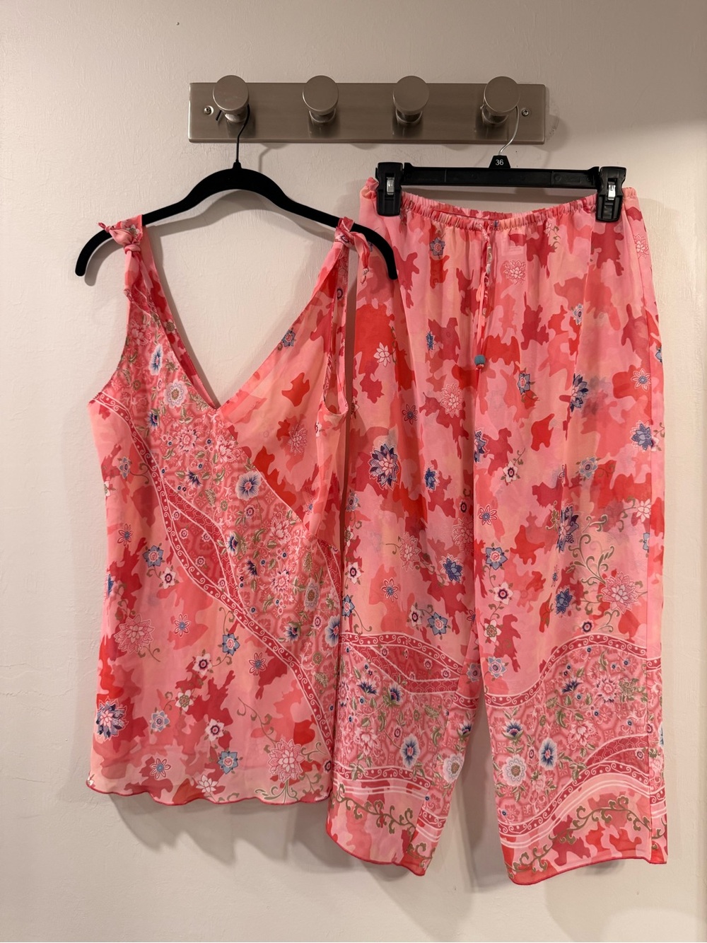 Joie Pink Floral Two-Piece Pajama Set - Camisole & Wide-Leg Pants